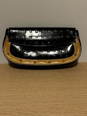Arcadia Black Patent Leather Clutch with Tan Trim